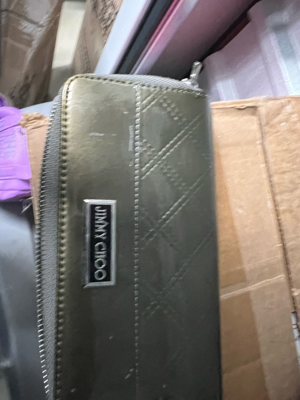 Jimmy Choo Olive Green Quilted Zip Wallet with Silver Plaque